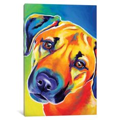 a painting of a yellow dog with blue eyes