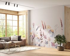 the living room is decorated with flowers and plants