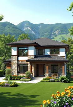 this is a computer rendering of a house in the mountains