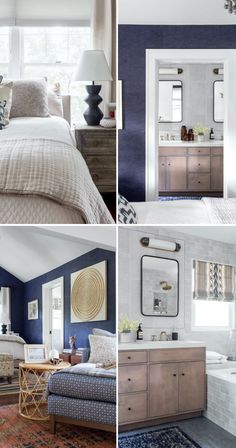 four different pictures of a bedroom with blue walls and furniture, including a bed, dresser, mirror, tub, sink and window