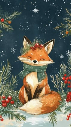 a painting of a fox sitting in the snow with holly wreaths on its head