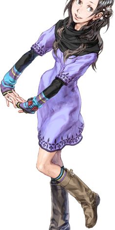 a drawing of a woman in purple dress and boots