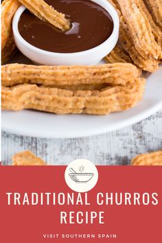 traditional churros recipe on a plate with dipping sauce