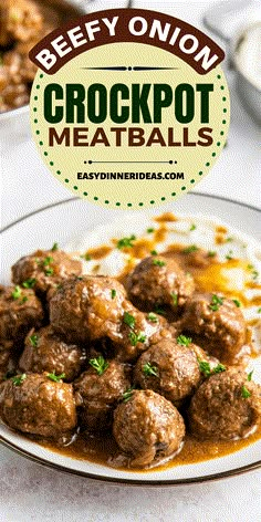 beefy onion crockpot meatballs on a white plate