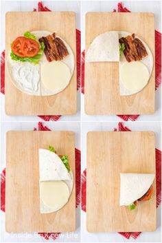 four different views of a tortilla on a cutting board with tomatoes and cheese