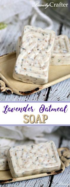 homemade lavender oatmeal soap recipe on a wooden tray with text overlay