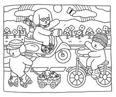 a black and white drawing of two bears riding on a bike with another bear in the background