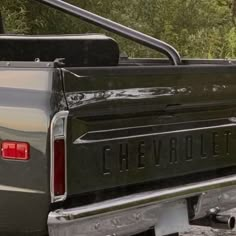 the back end of a pickup truck parked in front of a tree with snow on it