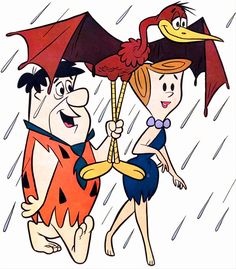 a cartoon character holding an umbrella next to another character