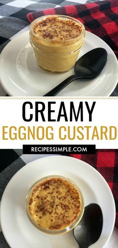 creamy eggnog custard in a bowl with spoons on the side