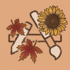 a drawing of a sunflower and some leaves on a brown background with the words aa above it