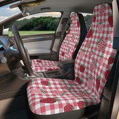 a pink and white checkered car seat cover