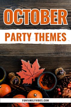 an autumn themed party theme with pumpkins, leaves and pine cones on the table