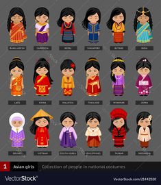 an illustration of different people in traditional costumes from around the world, including women and children