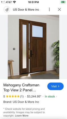 an image of a wooden door with glass on the front and side panels, which are labeled mahogany craftsman top view 2 panel