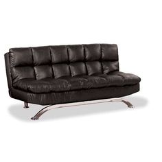 a black leather couch sitting on top of a metal base