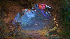 the entrance to an underground forest with lots of plants and trees in it, surrounded by rocks