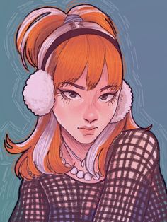 a drawing of a girl with red hair wearing ear muffs and a plaid shirt