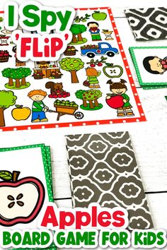 an apple themed board game for kids with the words, i spy flip and apples