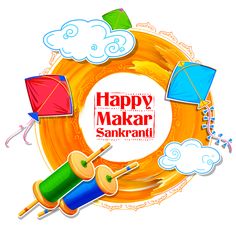 happy makar sanki background with kites and clouds in the sky, illustration