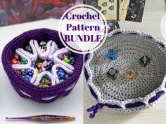 crochet pattern bundle for beginners includes two baskets with rings and beads in them