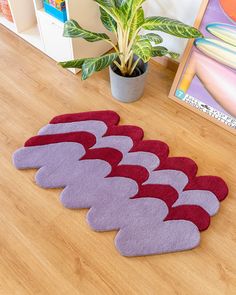 the rugs are arranged on the floor near a potted plant