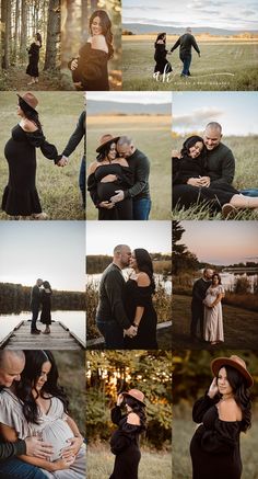 a couple holding each other while posing for pictures in the grass with trees and water behind them