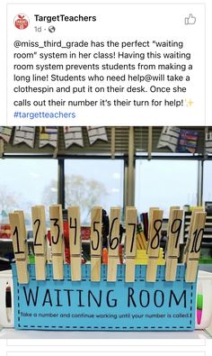 an image of a classroom room sign made out of wooden clothes pins and numbers on it