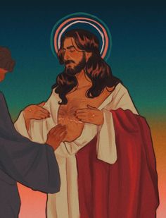 a painting of jesus holding the hands of a man