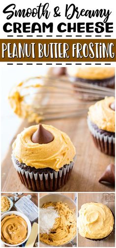 the steps to making peanut butter frosting for cupcakes are shown in this collage