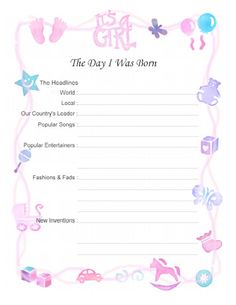 the day i was born baby shower game with pink and blue items on it,