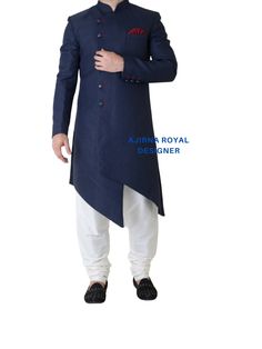 "This dress is shipped to you via a fast shipping so that normally the product is delivered to you in 3 to 5 days Package Include : Indo western + Chodidar pyjama Additional Information 1 Mojris, Stoles, Turban, And Other Accessories Are Not Sold Along With The Dress. Additional Information 2 As This Indo western/ Sherwani/ Waistcoat/ Kurta Are Made As Per Orders So Kindly Choose Custom made men quilted wedding sherwani, Royal achkan, Indo western / sherwani, Indian wedding Suit, Men Silk sherwa Fitted Bandhgala For Festive Occasions Like Diwali, Designer Wear Cutdana Kurta For Eid, Eid Traditional Drape Kurta With Cutdana, Designer Wear Eid Kurta With Cutdana, Eid Party Bandhgala Straight Kurta, Blue Bandhgala For Navratri Designer Wear, Designer Kurta With Cutdana For Eid, Designer Kurta With Cutdana For Diwali, Designer Cutdana Kurta For Diwali