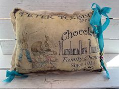 a decorative pillow with an image of peter rabbit and the bunny on it's back