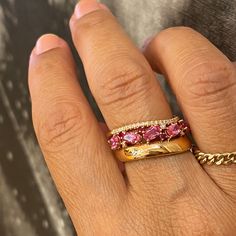 Another stunning piece of jewelry from MELIGreece's collection: a 18k rose gold wide ring band, paved with one row of mineral pink sapphires total weight 1.25 cts., another row of white diamonds 0.10 cts. and smaller rubies among the gemstones weighting 0.08 cts. Pink sapphires symbolize trust and faith. They are also believed to bring good luck and intense love.  This rose gold multi gemstone three row band with beautiful deep colors, made with care by our MELIGreece workshop in Athens. Size of Pink Ruby Ring With Single Cut Diamonds, Pink Ruby Ring With Rose Cut Diamonds, Pink Lab-created Ruby Ring, Pink Single Cut Diamond Promise Rings, Pink Ruby Ring With Single Cut Diamonds For Wedding, Fine Jewelry Pink Ruby Ring With Single Cut Diamonds, Pink Ruby Ring With Single Cut Diamonds For Anniversary, Ring Assortment, Wavy Design