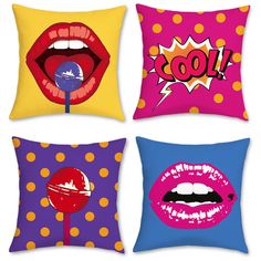 four pillows with pop art on them in different colors and shapes, one has a lollipop