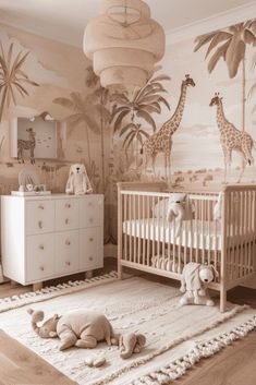 a baby's room with giraffes and palm trees on the wall