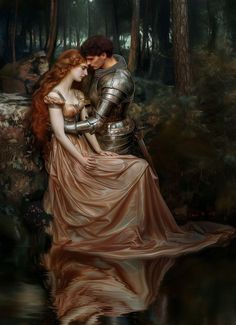 a painting of a man and woman in armor