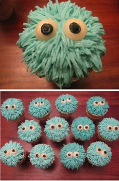 there are cupcakes with blue frosting and googly eyes on them, along with an image of a cookie monster