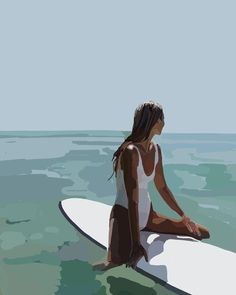 a painting of a woman sitting on a surfboard in the middle of the ocean