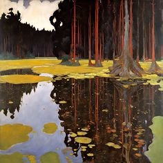 an oil painting of trees and water with lily pads on the ground in front of them