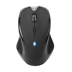 a black computer mouse sitting on top of a white surface