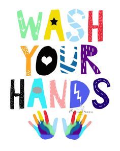 the words wash your hands are multicolored with different colors and shapes, including stars