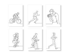 six drawings of people doing different things in the same line, each with their own bike