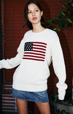 John Galt Cream Flag Crew Neck Sweater | PacSun Navy Flag, Flag Sweater, American Flag Sweater, Graphic Sweaters, Oversized Jumper, Ralph Lauren Jeans, John Galt, Old Navy Women, Outerwear Sweater