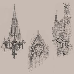 three different types of architecture are shown in black and white, including a church steeple