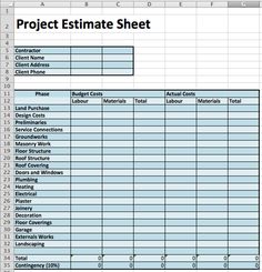 an excel spreadsheet showing the project cost sheet for construction projects and other tasks