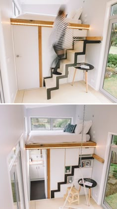 two pictures show the inside of a tiny house with stairs leading up to an upper level bed