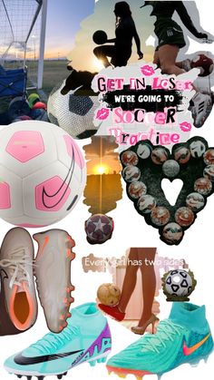 there are many different shoes and sports items in this collage with the words get in less we're going to soccer together