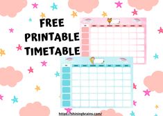 a pink and blue printable calendar with stars on it, next to the text free printable timetable