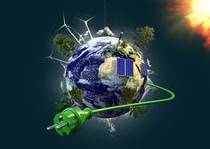 an image of the earth being charged by a green power cord and a red fire extinguisher